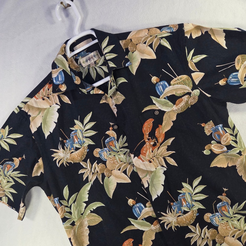 Vintage Y2K Campia Moda Mens Medium Black Tropical Lobster Cocktail Hawaiian M